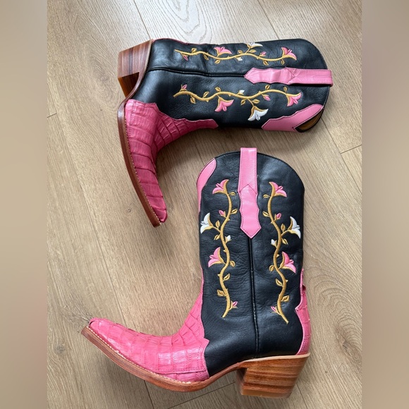 Los Altos Boots Pink Black Floral Embroidered Western Genuine Crocodile Size 7 - Picture 10 of 12